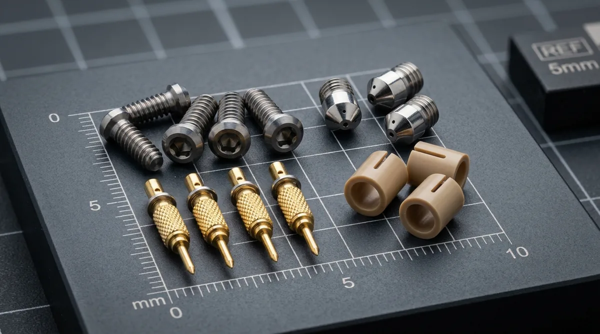 Diverse Swiss-Turned Micro Components Machined in Titanium, 316L Stainless Steel, Brass, and PEEK