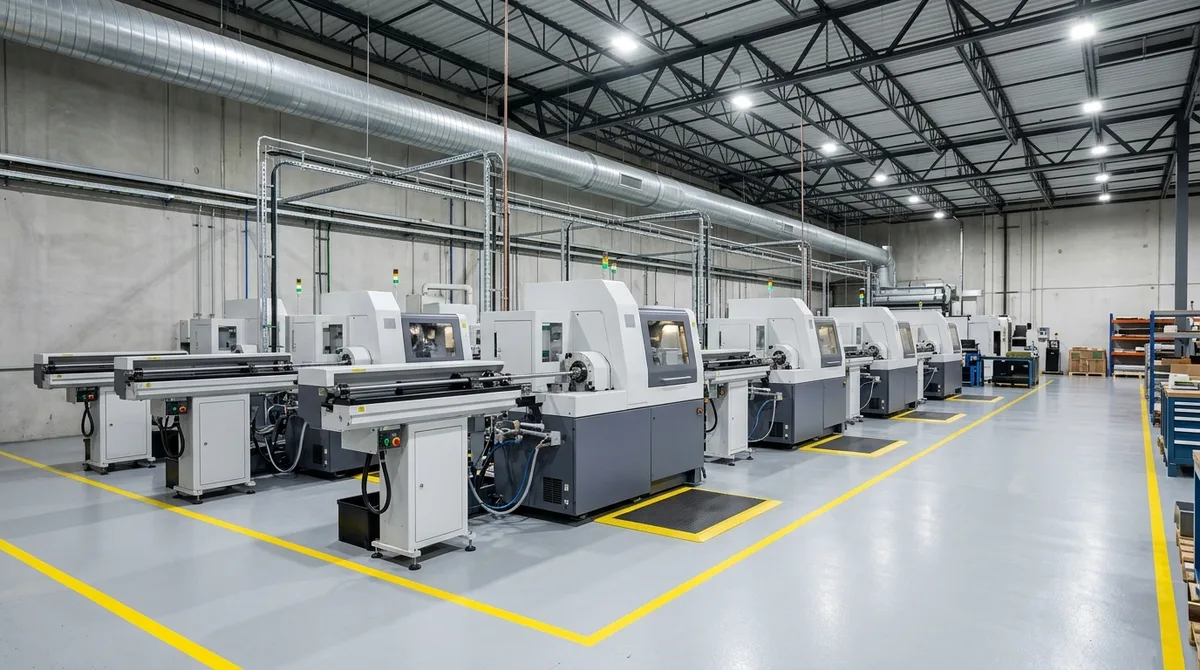 Automated Multi-Axis CNC Swiss Lathe Production Line with Bar Feeders in Clean Unmanned Workshop
