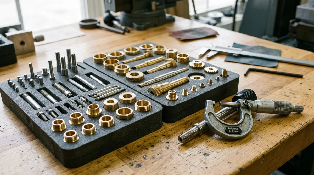 Precision Turned Metal Shafts Batch in Workshop Tray with Outside Micrometer Check - AS Prototypes