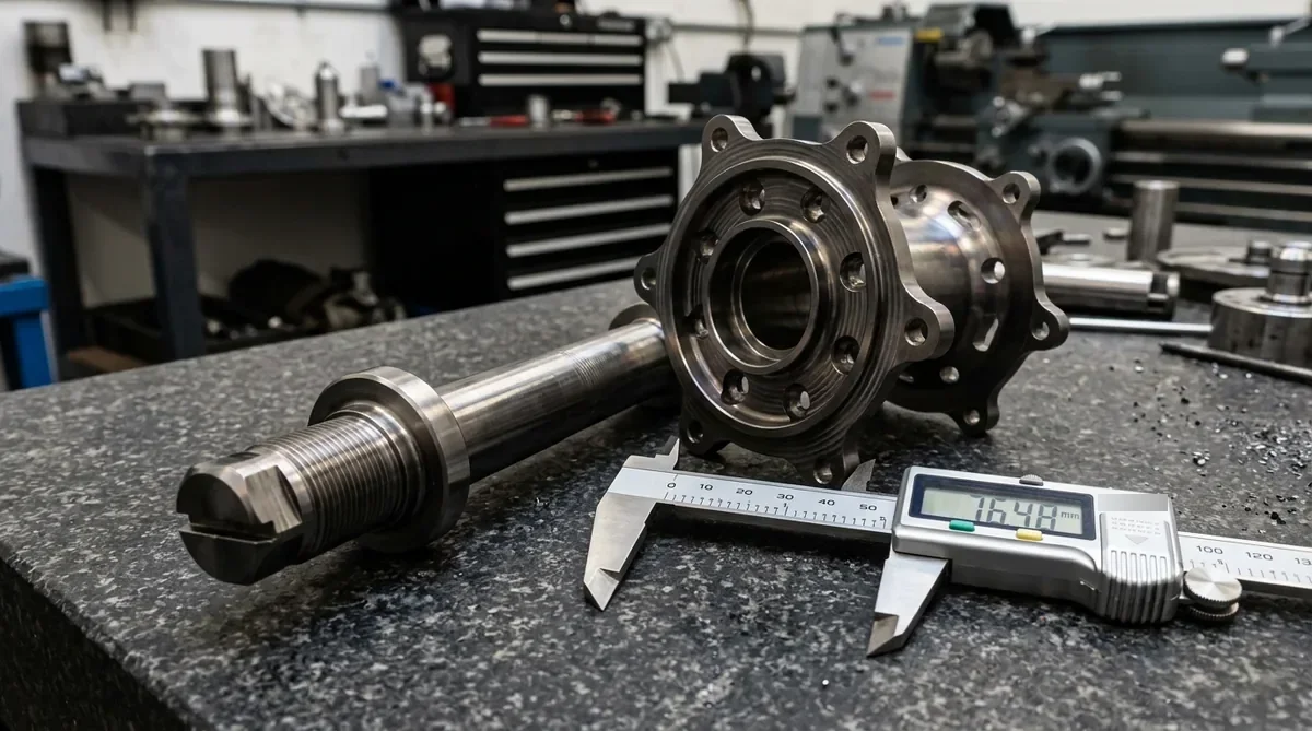 Precision CNC turned Grade 5 titanium rear wheel axle with rolled threads alongside a billet aluminum drive sprocket hub carrier on granite inspection bench