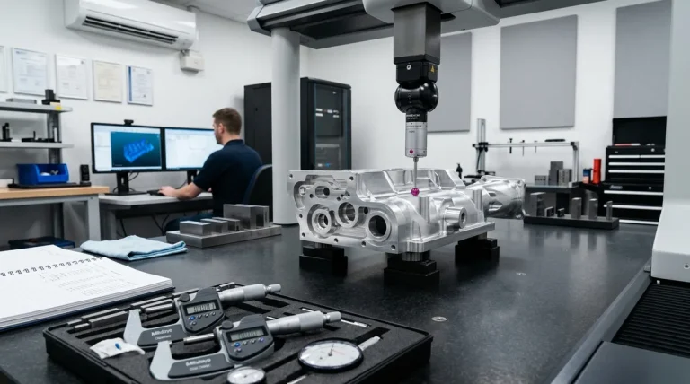 Zeiss bridge CMM inspecting aerospace machined manifold with micrometer gauges - AS Prototypes