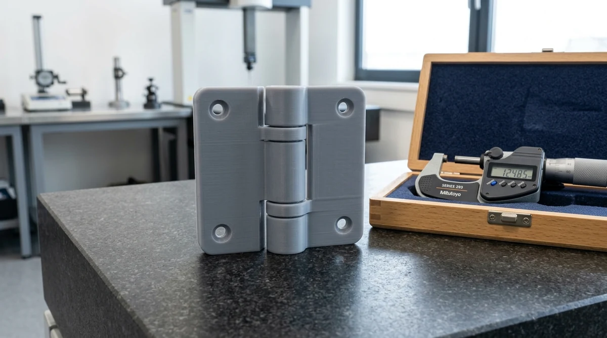 Precision interlocking 3D printed pin hinge mechanism on granite inspection plate with micrometer