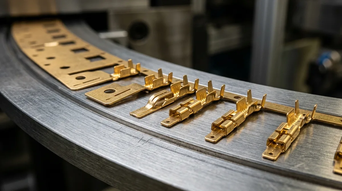 Progressive die stamped brass strip showing pilot piercing, blanking, terminal forming, and carrier ribbon