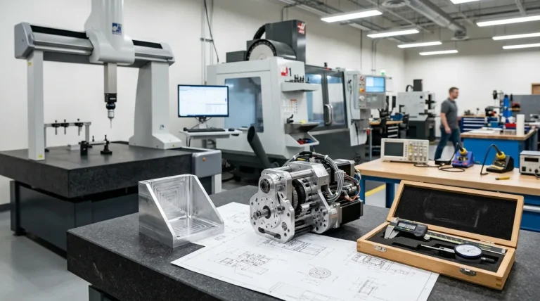Prototype engineering inspection of CNC machined aluminum actuator and blueprint on granite table - AS Prototypes