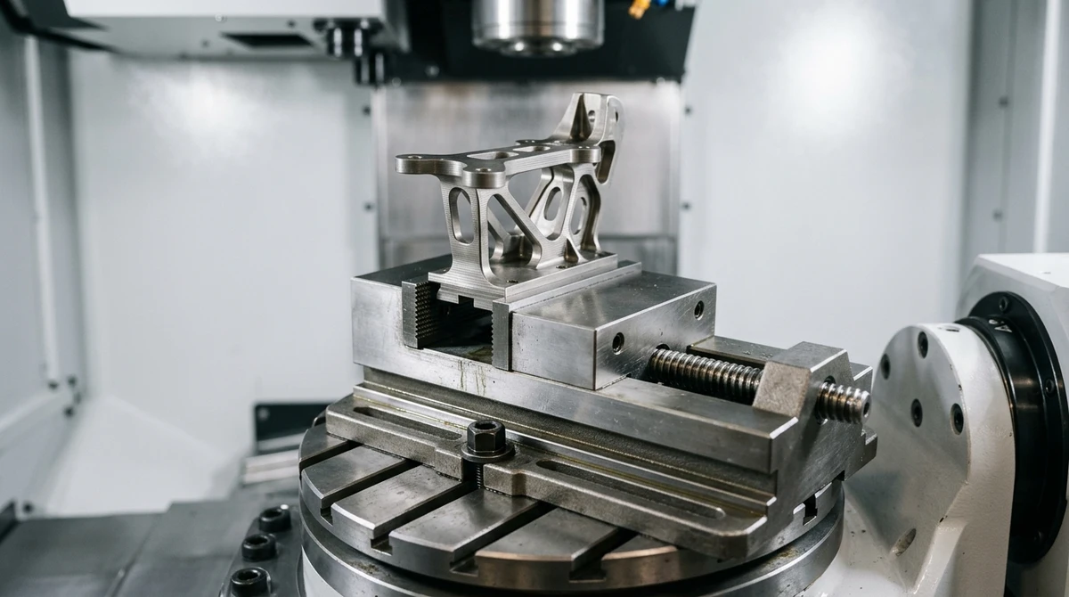 Precision Modular Machine Vise Clamping 5-Axis CNC Machined Aerospace Bracket on Rotary Trunnion Table
