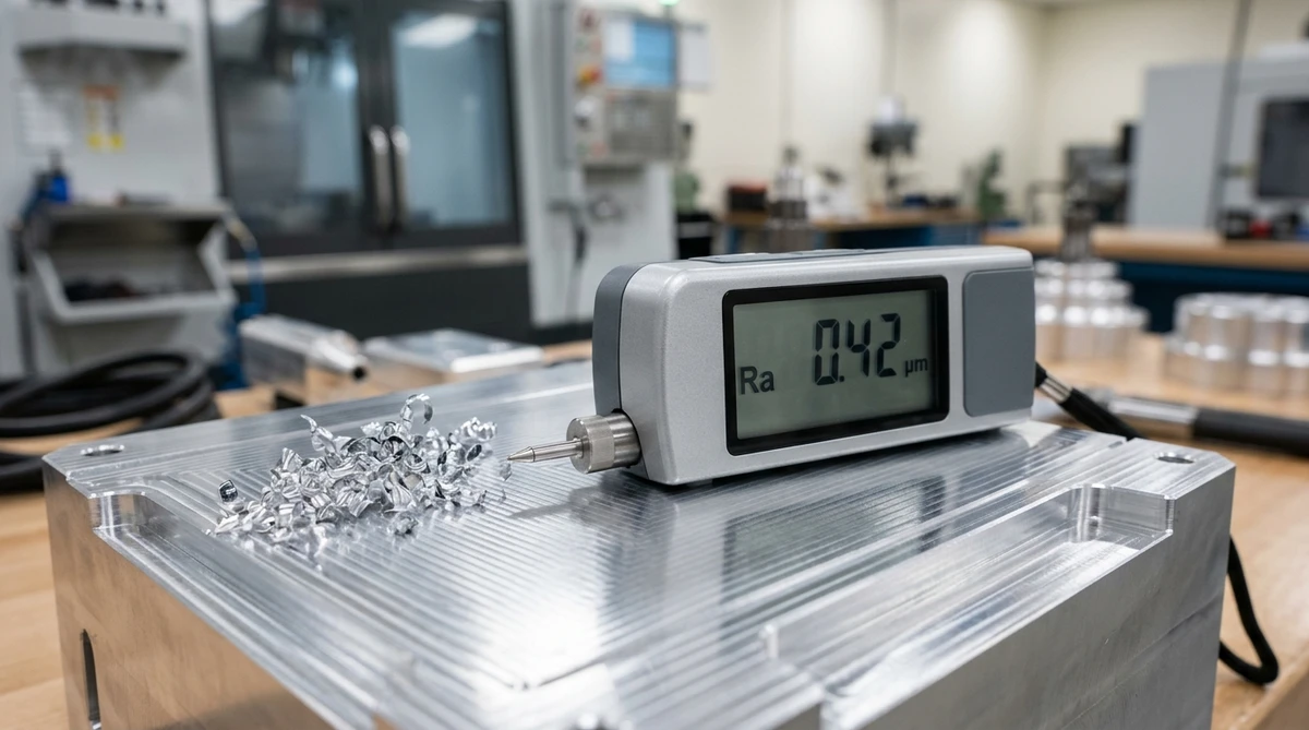 High precision carbide milling tooling with curled aluminum chips and roughness gauge