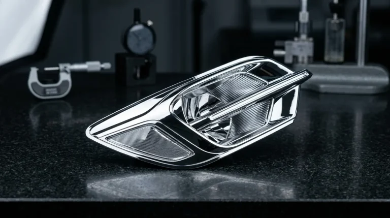 Automotive headlamp bezel prototype finished with high-specular PVD aluminum vacuum metallization on inspection plate