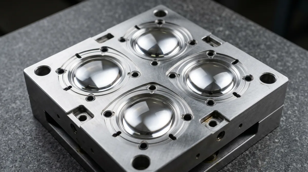 Four-cavity hardened S136 stainless steel optical mold insert with SPI A-1 diamond mirror finish reflecting softbox illumination gradient on inspection table