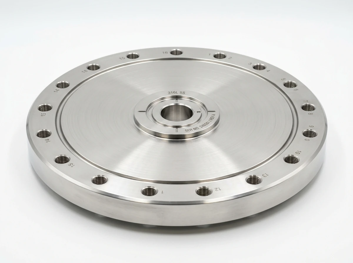 3-Axis CNC Milled 316L Stainless Steel UHV Vacuum Chamber Lid with CF Knife-Edge Seal on Pure White Background