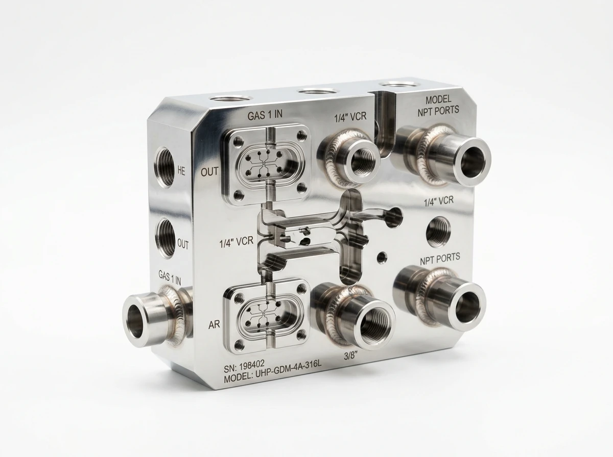 4-Axis CNC Machined 316L VIM-VAR Gas Delivery Manifold Block with Surface Mount Interfaces on Pure White Background