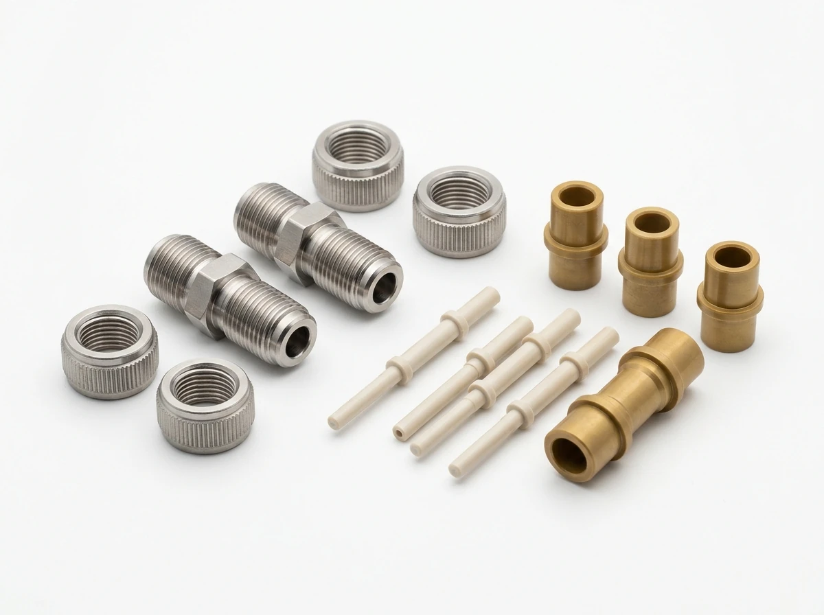 Swiss-Type Turned Miniature 316L VCR Gas Gland Fittings and Virgin PEEK Insulator Pins on Pure White Background