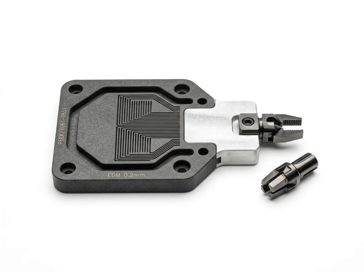 Wire EDM Cut Semiconductor Wafer End-Effector Paddle with 0.2mm Internal Vacuum Channels on Pure White Background