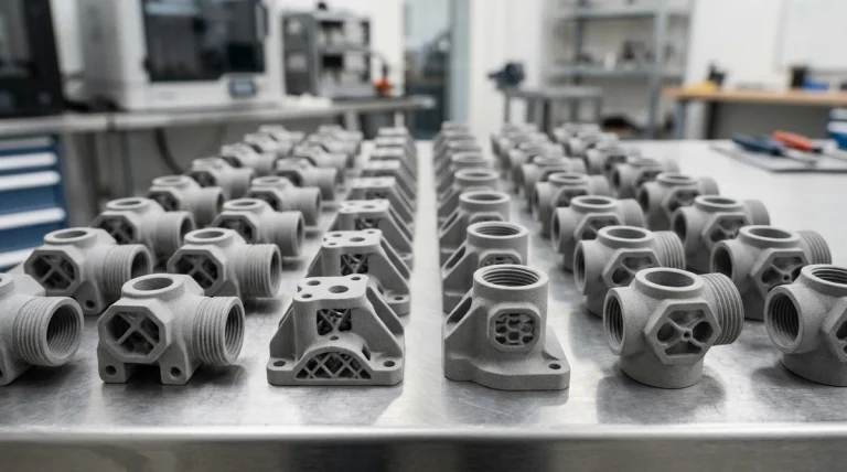Serial production batch of high-precision additive manufactured functional end-use nylon PA12 components on inspection workbench