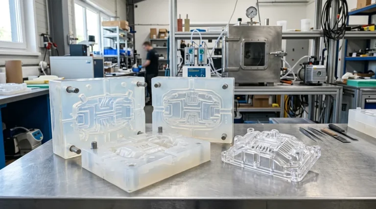 Precision two-part translucent silicone rubber molds with optical-clear polyurethane prototype component on workbench - AS Prototypes