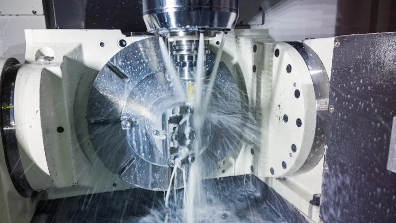 Simultaneous 5-Axis CNC Machining Trunnion Table with Flood Coolant