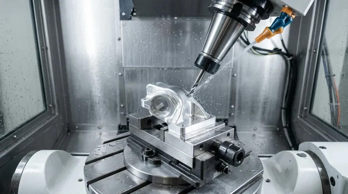 Simultaneous 5-axis CNC machining center finishing a custom billet aluminum motorcycle suspension linkage using a solid carbide ball-nose cutter
