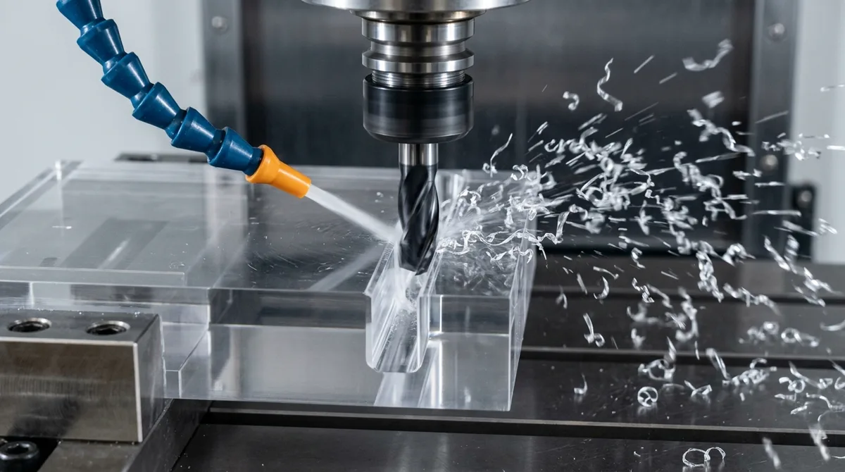 High-speed CNC milling of clear acrylic using a single-flute solid carbide cutter with vortex cold air blast clearing swarf