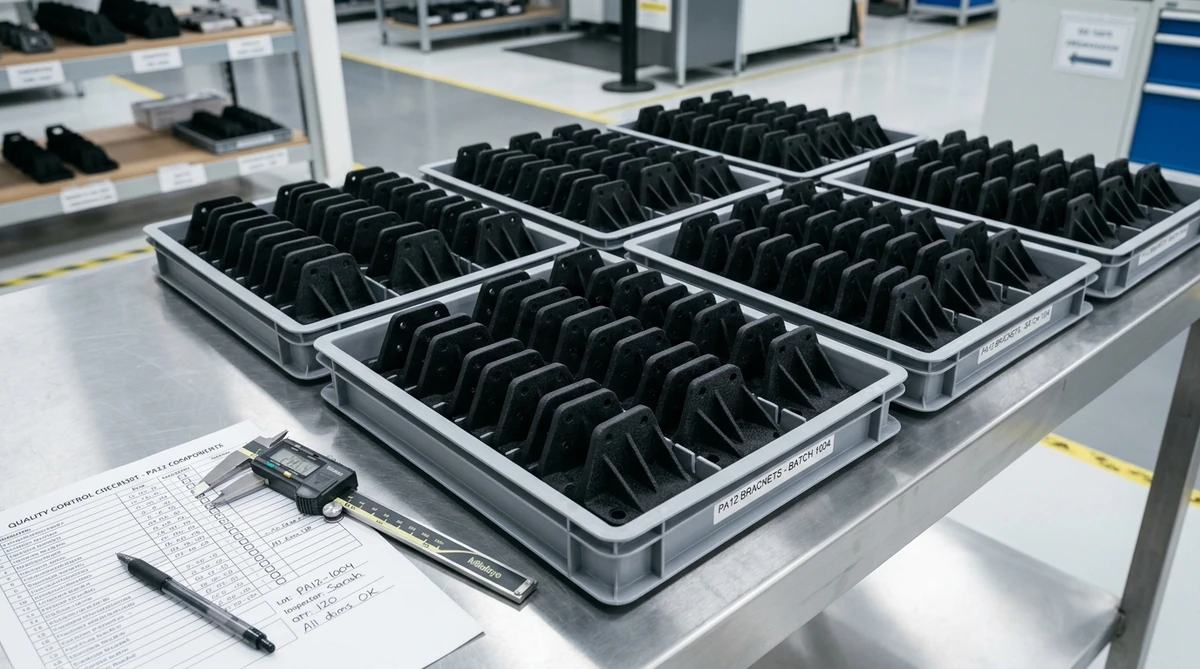 Trays of identical additive manufactured nylon PA12 brackets with QC checklist - AS Prototypes