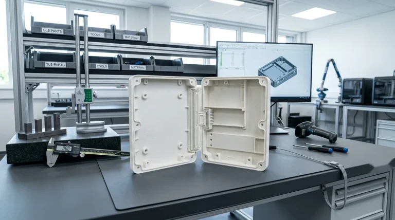 SLS nylon 3D printed electronic enclosure prototype with integrated living hinge on inspection bench