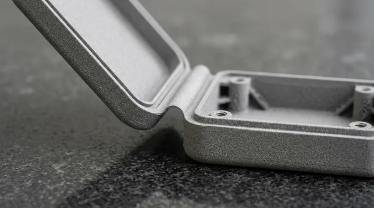 SLS nylon 3D printed electronics enclosure with integrated continuous living hinge flexure web