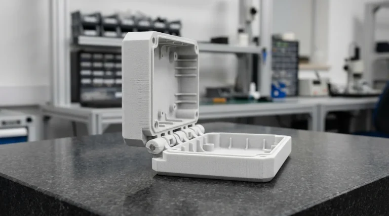 SLS nylon 3D printed electronic enclosure prototype with integrated articulated hinge mechanism on granite inspection plate
