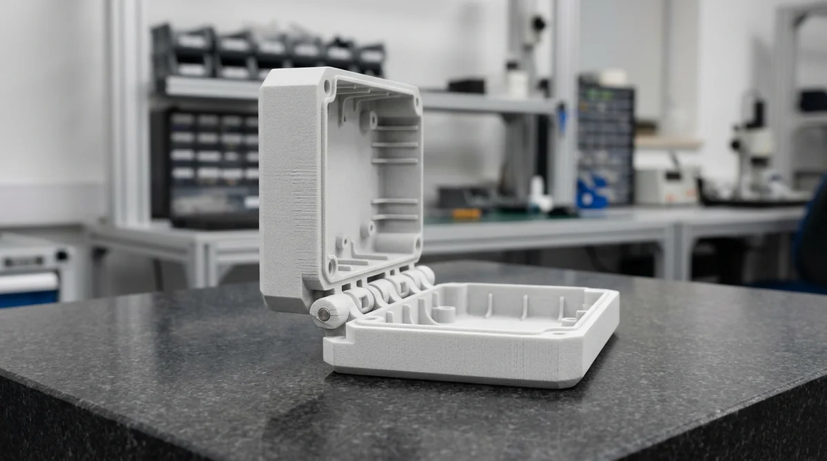 SLS nylon 3D printed electronic enclosure prototype with integrated articulated hinge mechanism on granite inspection plate