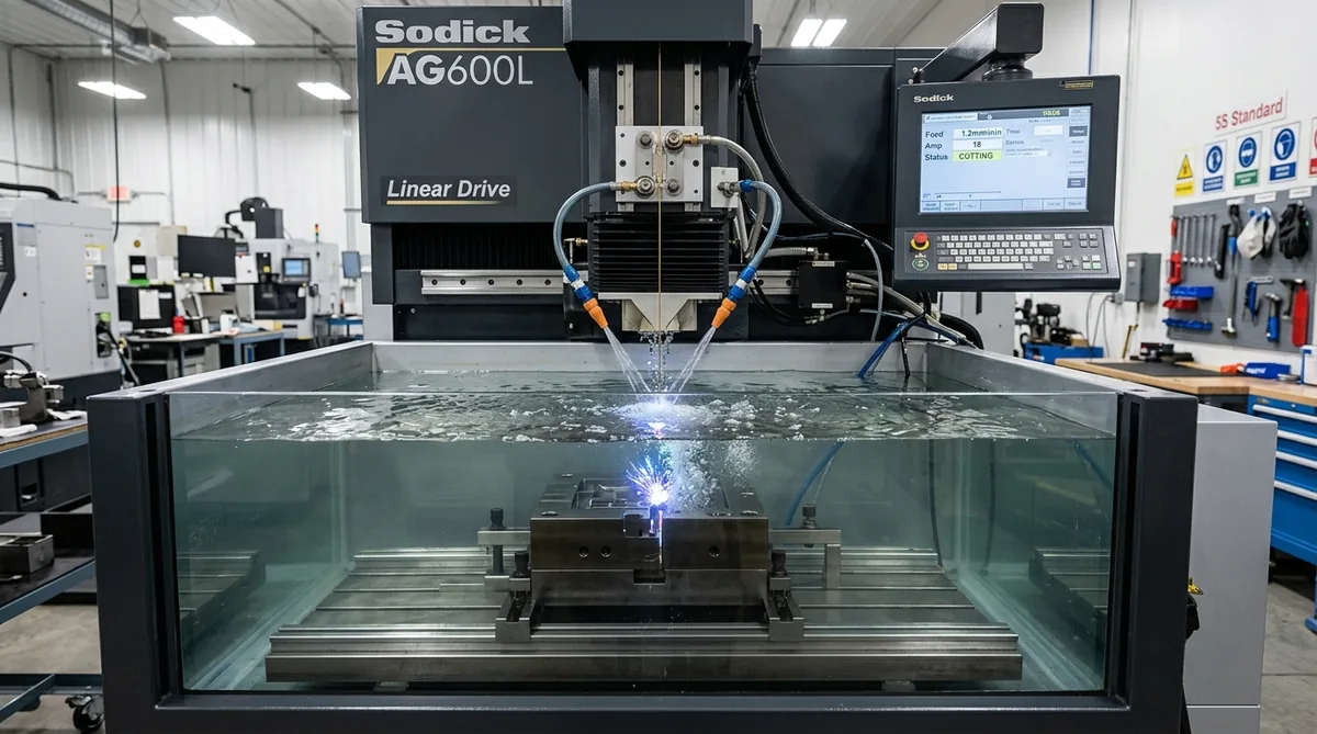 Sodick Submerged Linear Motor Wire EDM Machine Cutting Hardened Tool Steel Mold Insert in Deionized Water Bath