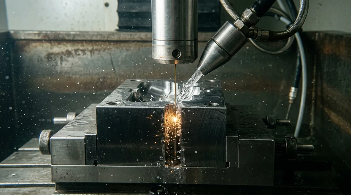 High-Precision Submerged Wire EDM Machine Cutting Hardened D2 Tool Steel Mold Insert with Coaxial Deionized Dielectric Flushing