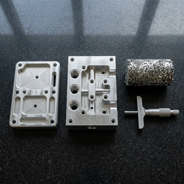 Precision CNC machined sustainable 6061-T6 aluminum prototype components and dense cylindrical swarf briquette lying flat on black granite inspection table