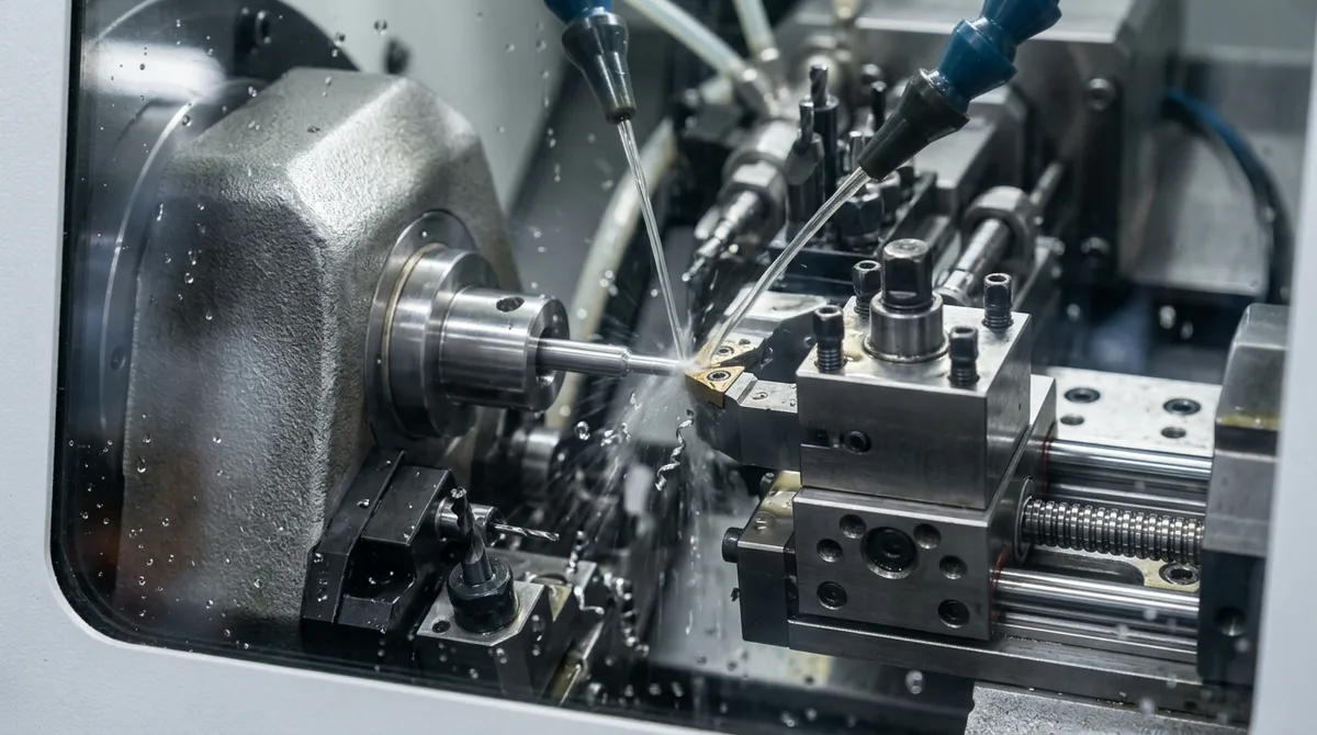 Swiss-type CNC lathe turning micro precision shafts with guide bushing and live tooling