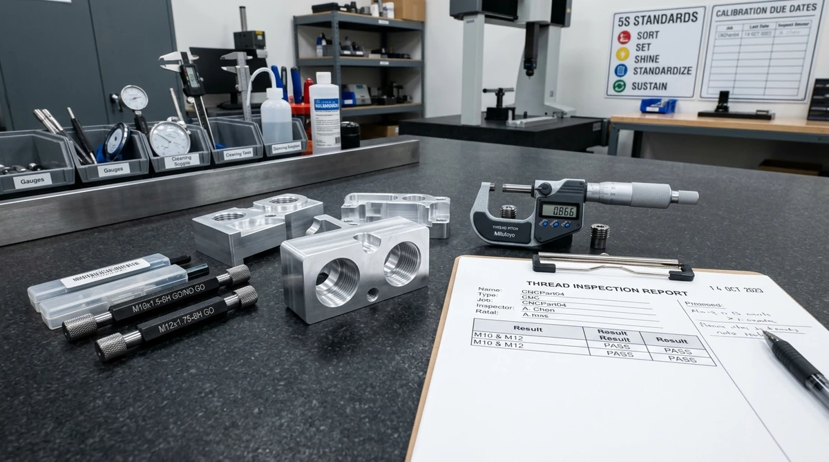 Metric Go and No-Go thread plug gauges inspecting internal threads on aluminum parts
