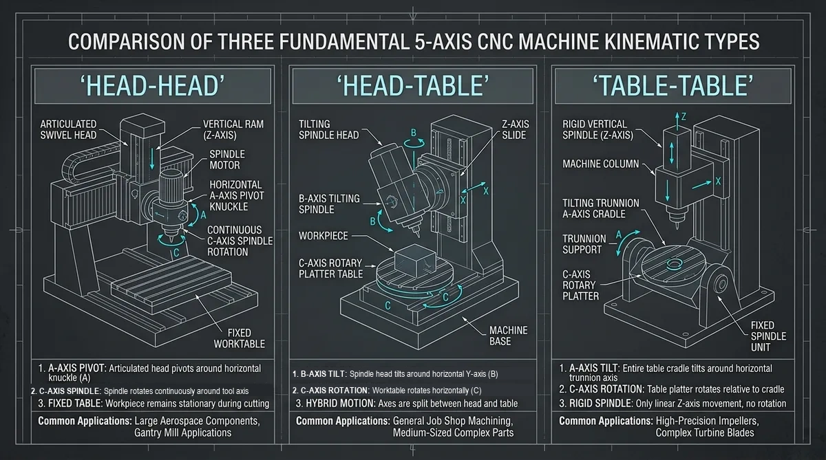 Three Fundamental 5-Axis CNC Machine Kinematic Types Comparison