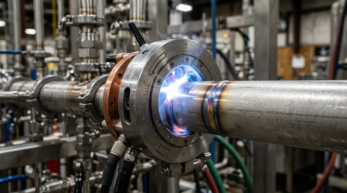 TIG welding operator joining 316L stainless steel sanitary tube assembly without sensitization