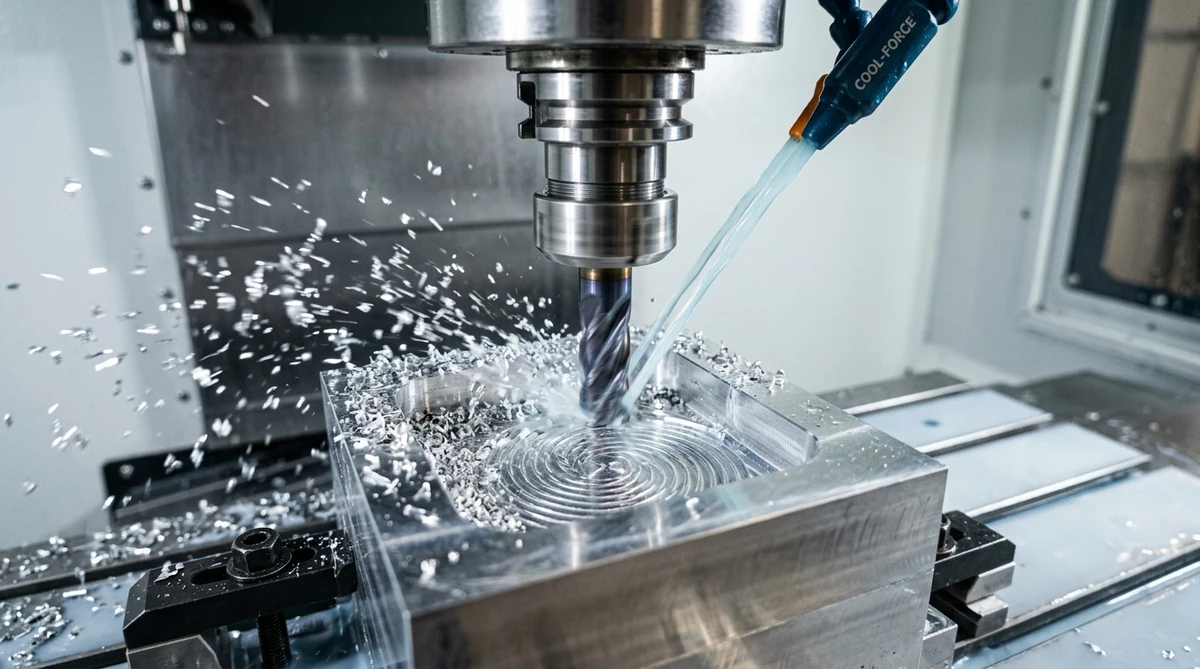Solid carbide end mill cutting high-speed trochoidal adaptive toolpath in aluminum block