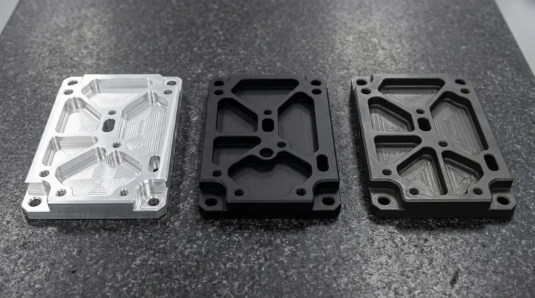 Precision CNC milled 6061-T6 aluminum aircraft brackets resting flat on granite showing Type II clear satin, Type II matte black, and Type III hardcoat dark grey finishes