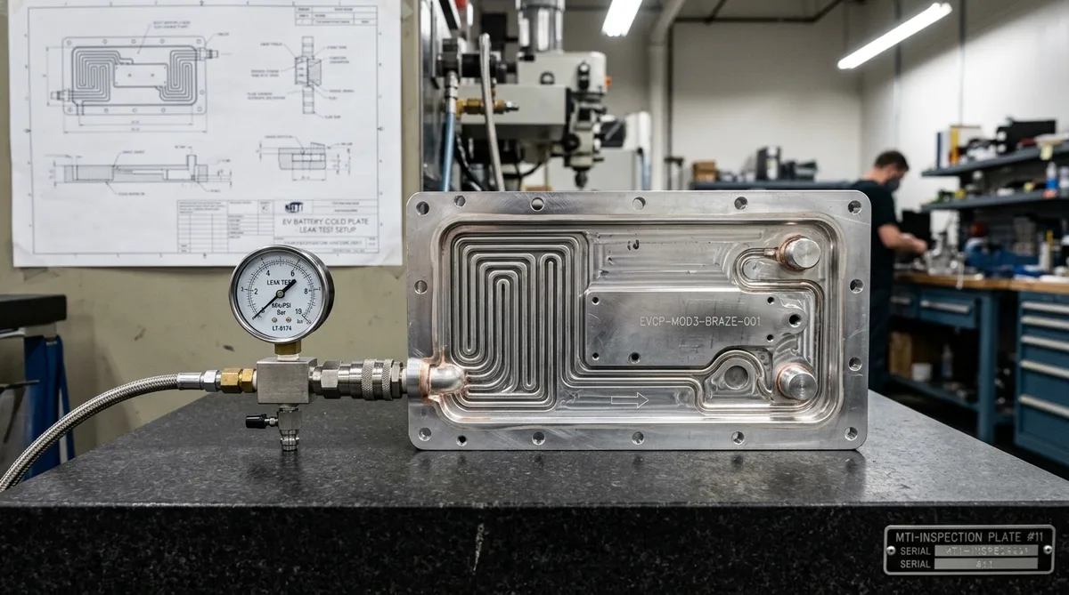 Vacuum-brazed aluminum EV battery liquid cold plate with pneumatic pressure leak test fixture