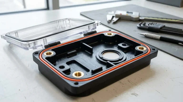 CNC machined black Delrin waterproof prototype enclosure with orange fluorosilicone O-ring gasket, brass threaded inserts, and clear polycarbonate lid