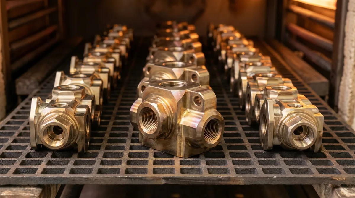 Stress-Relief Annealed Precision CNC Machined Stainless Steel and Titanium Valve Components on Heat Treatment Fixture Grid