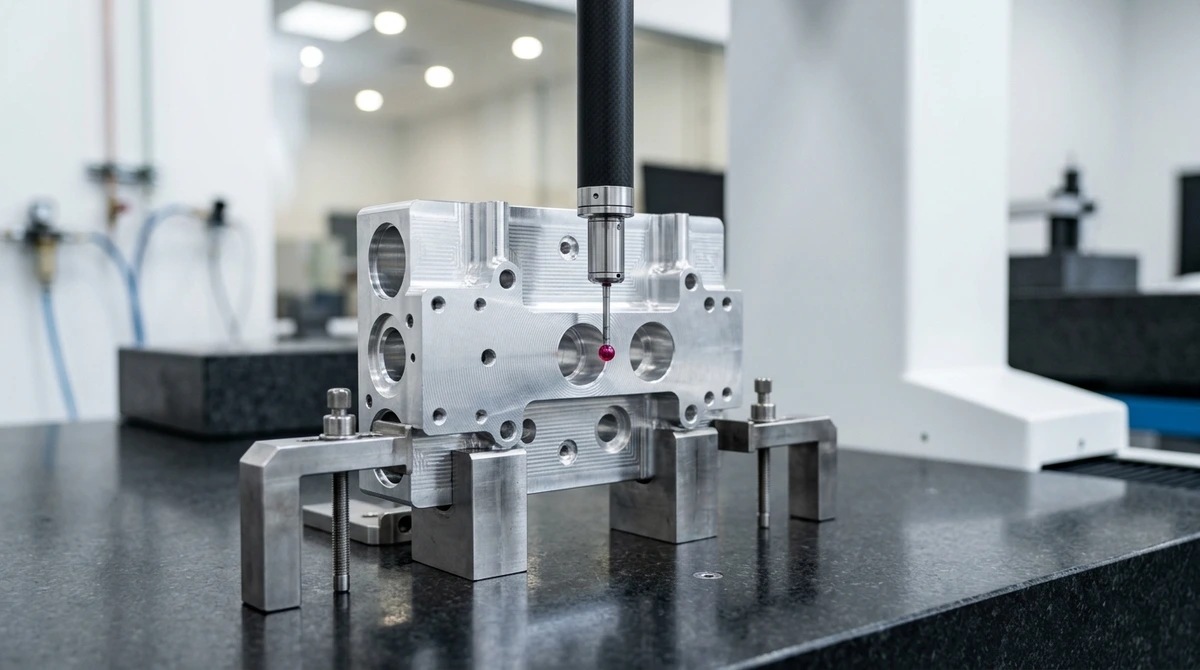 Bridge CMM Metrology: Plain Carbon-Fiber Quill and Ruby Spherical Stylus Inspecting 5-Axis Aerospace Aluminum Manifold on Granite Plate