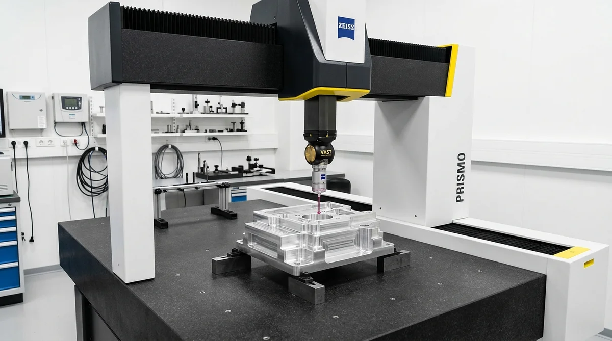 Bridge CMM with granite base and active scanning probe verifying precision machined housing datum plane and bore
