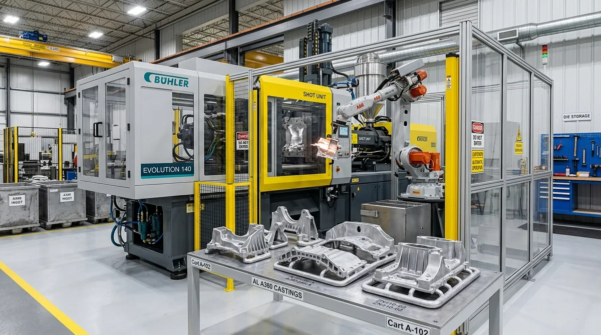 Automated cold chamber high pressure die casting machine cell producing precision aluminum A380 structural parts - AS Prototypes
