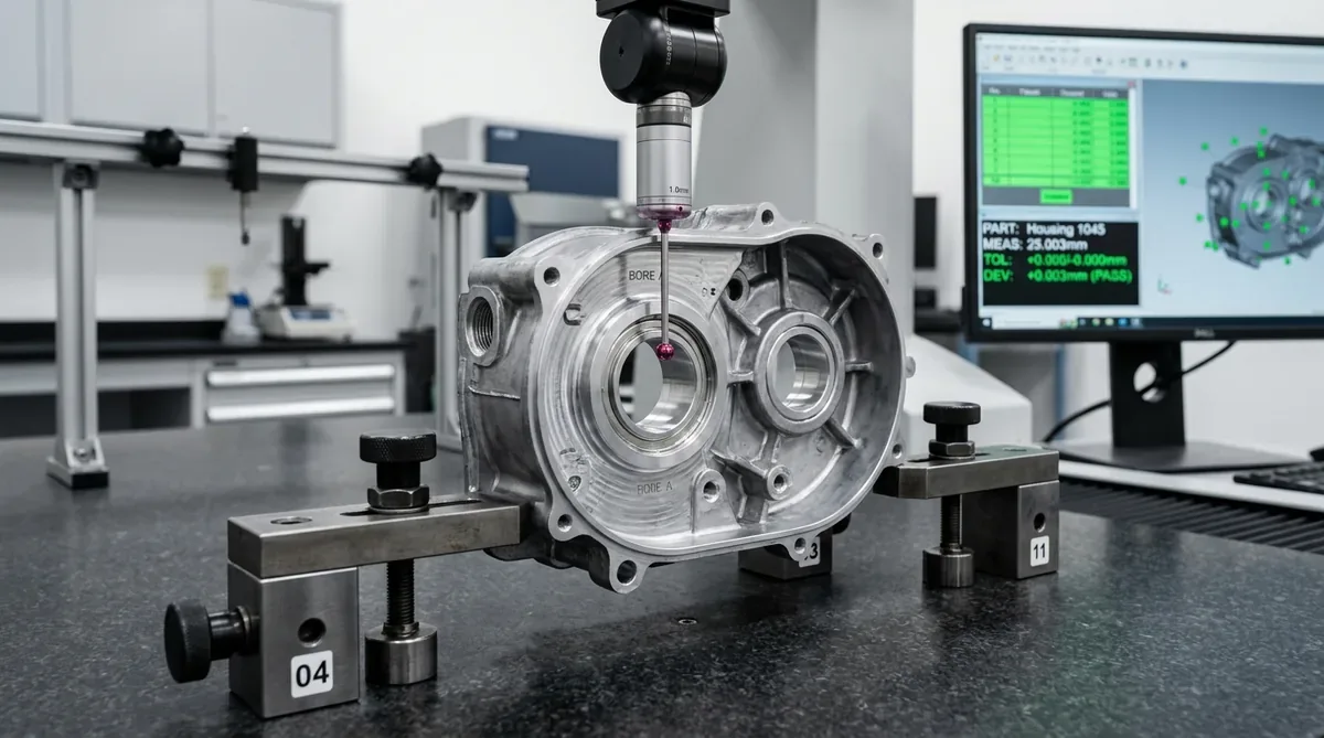 Precision CMM Ruby Probe Measuring True Position on Automotive Transmission Housing