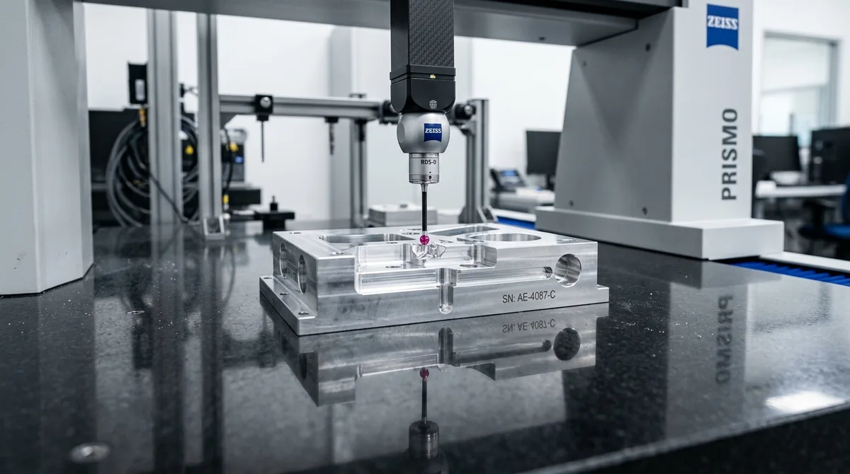 Bridge coordinate measuring machine CMM ruby touch probe inspecting geometric tolerances on aluminum prototype housing