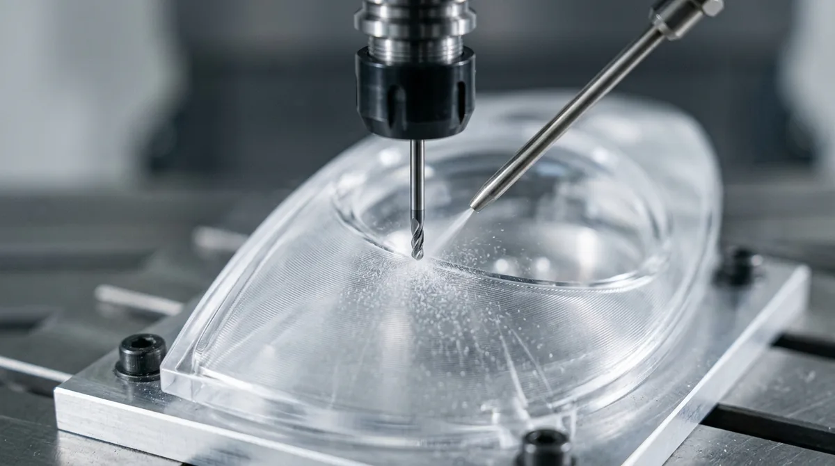 High-speed 3-axis CNC vertical milling center finish-sculpting an optical PMMA automotive headlamp curved lens using a D1.5mm micro ball-nose end mill and cold air blast