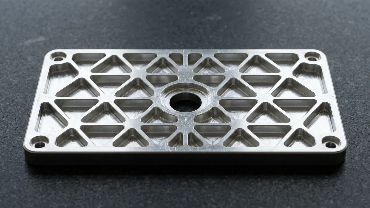 3-axis CNC milled 7075-T651 aluminum avionics mounting frame showing triangular iso-grid pockets and stepped sensor bore