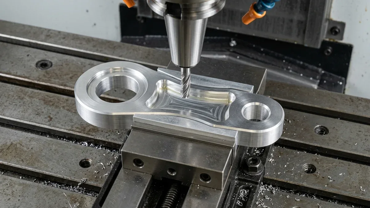 3-axis CNC milled 7075-T6 aluminum twin-bore linkage plate clamped in contoured soft jaws with carbide end mill