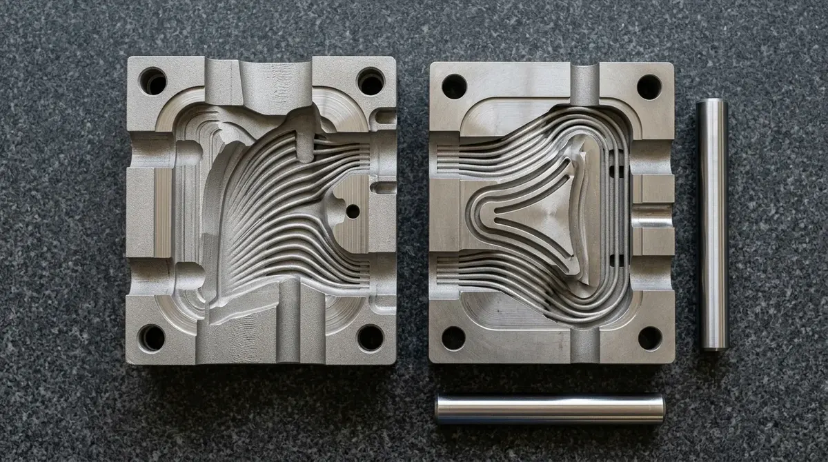 DMLS 1.2709 Tool Steel Core and Cavity Inserts with Conformal Cooling Channels Flat on Granite Table