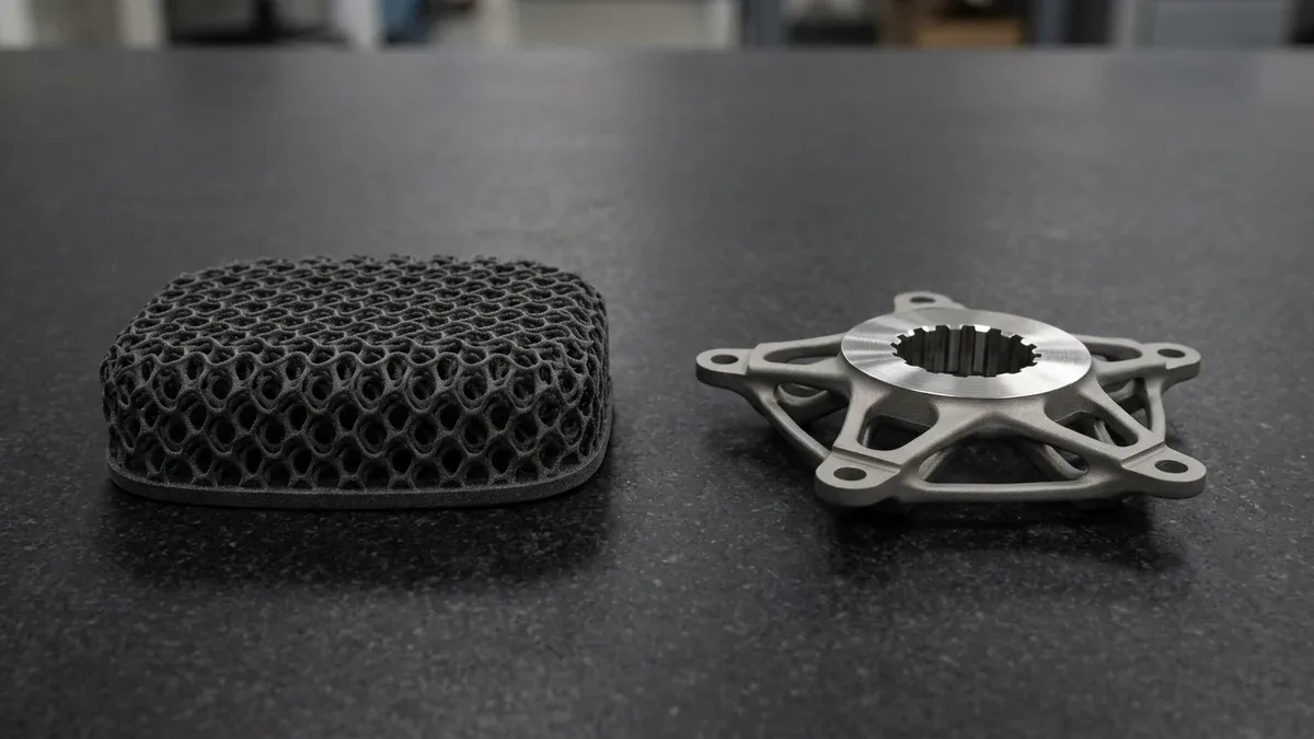 Two additive-manufactured sports equipment components on black granite: dark charcoal-grey MJF TPU elastomeric gyroid lattice helmet liner pad and DMLS Ti-6Al-4V titanium bicycle crank spider with CNC-machined spline bore