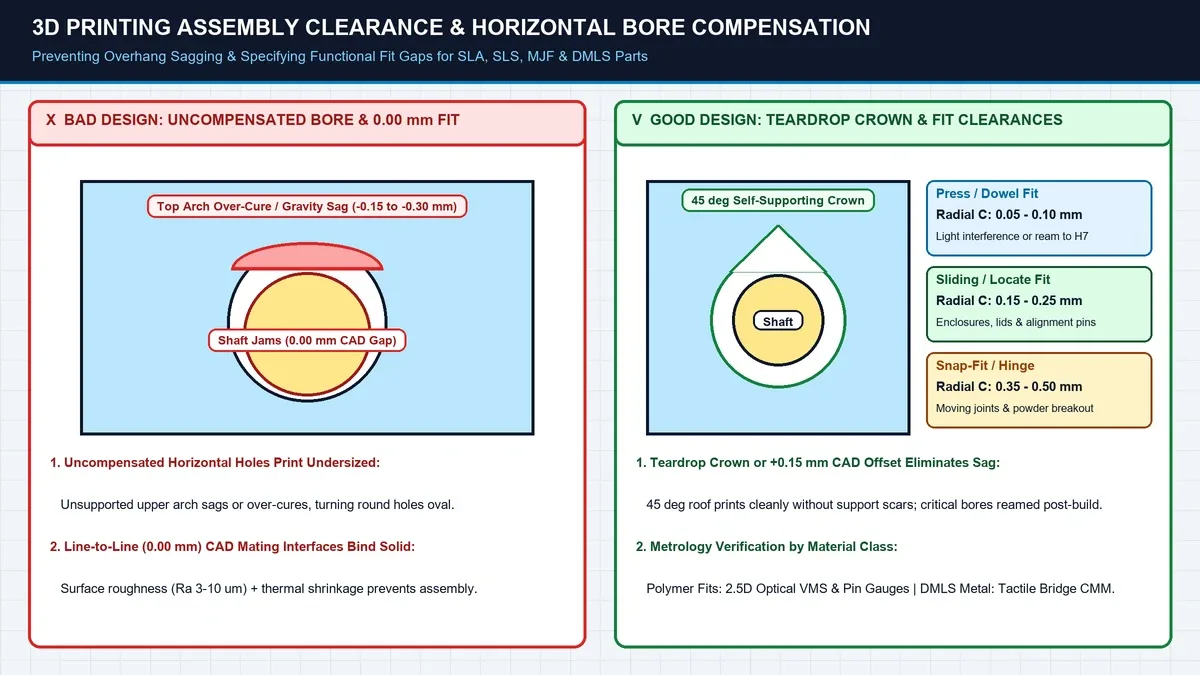 2D engineering tolerance diagram detailing radial shaft-to-bore clearance zones (press-fit, sliding, print-in-place) across SLA/DLP, SLS/MJF, and FDM alongside self-supporting teardrop horizontal bore compensation