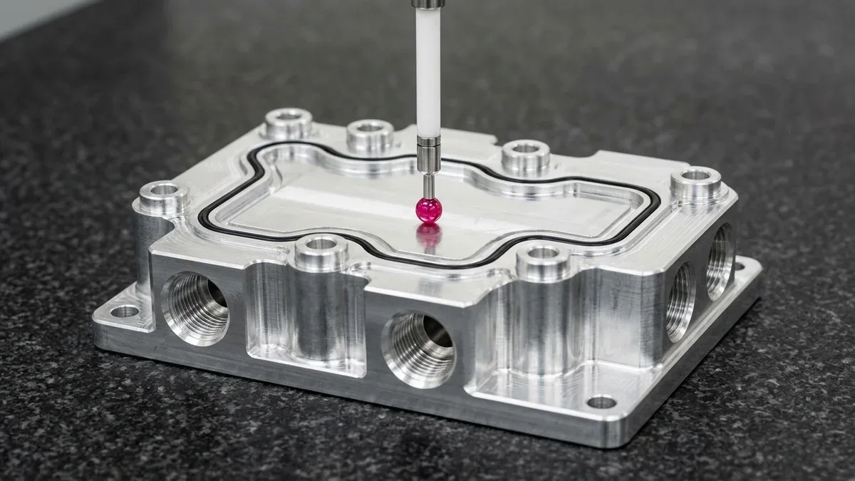 4-axis HMC machined 6061-T6 aluminum multi-boss valve manifold body undergoing bridge CMM ruby probe flatness inspection